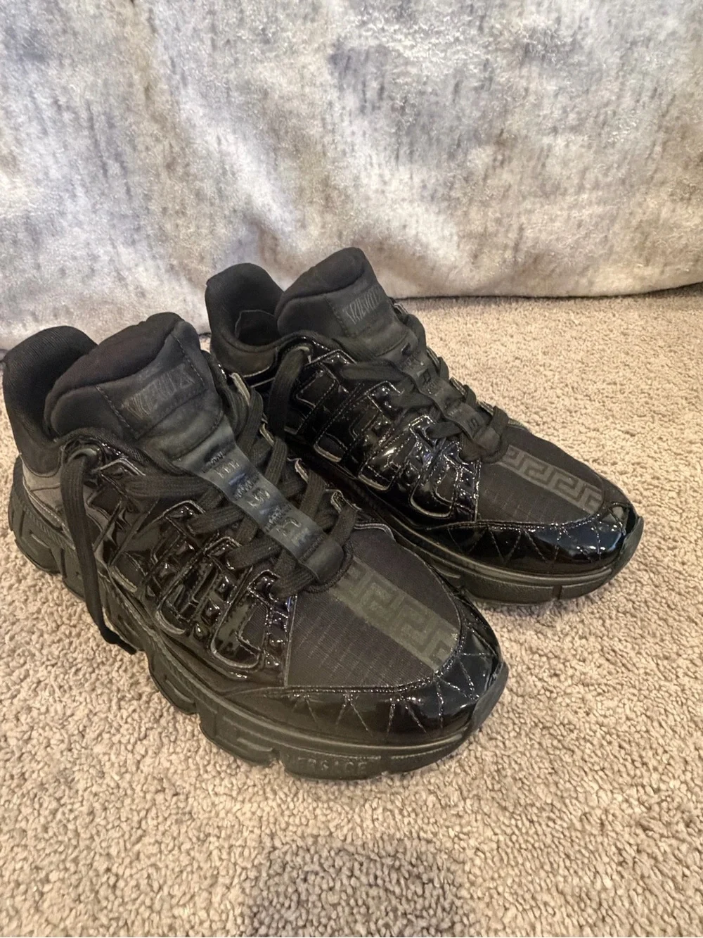 Versace Black Glossy Patent Leather TRIGRECA Sneakers